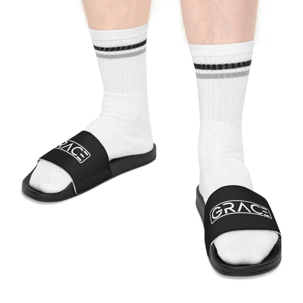 Men’s Black Slide Sandals – Christian “Grace” Faith-Inspired Comfort Slides | Lightweight Non-Slip Summer Footwear