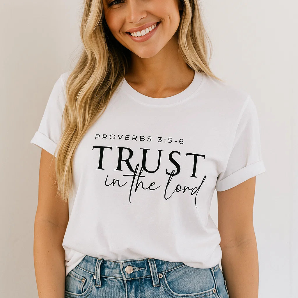 “Trust in the Lord” Bible Verse T-Shirt – Christian Faith Graphic Tee, Proverbs 3:5 Inspirational Shirt, Bella Canvas 3001 Unisex