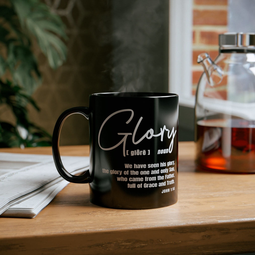 “Glory” Black Ceramic Mug 11oz – Christian Inspirational Coffee Cup, Faith-Based Gift, Scripture Style Drinkware